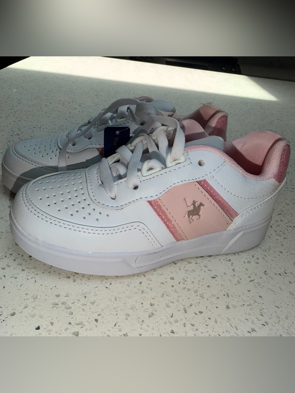 Pologeorgis White and Pink Pony Accent Kids Sneakers